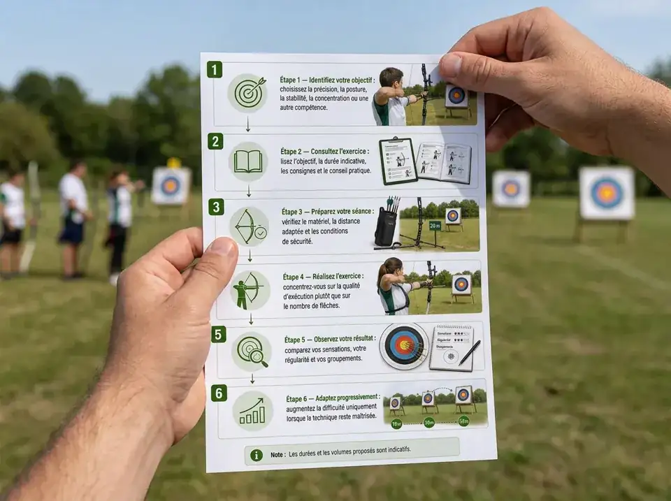 Une main tient une page A4 du guide sur le terrain de tir