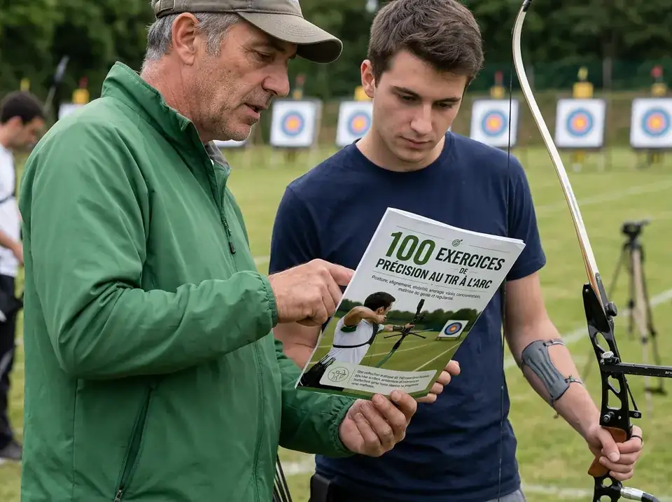 Un entraîneur montre le guide à un archer